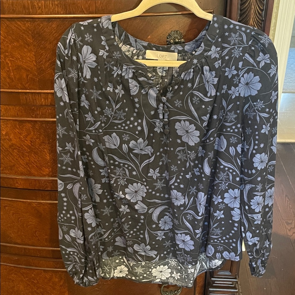 LOFT Black and Blue Floral Blouse